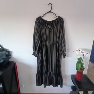 Terra & Sky Black Striped Midi Dress 1X Boho Peasant Tiered Flowy